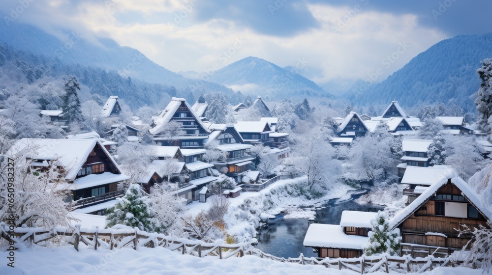 Fototapeta premium Shirakawa-go village on a snowy day, Shirakawa go's famous gassho-steep zukuri houses, hillside village viewpoint in snowy winter, wide-angle lens sunset at Honored by UNESCO