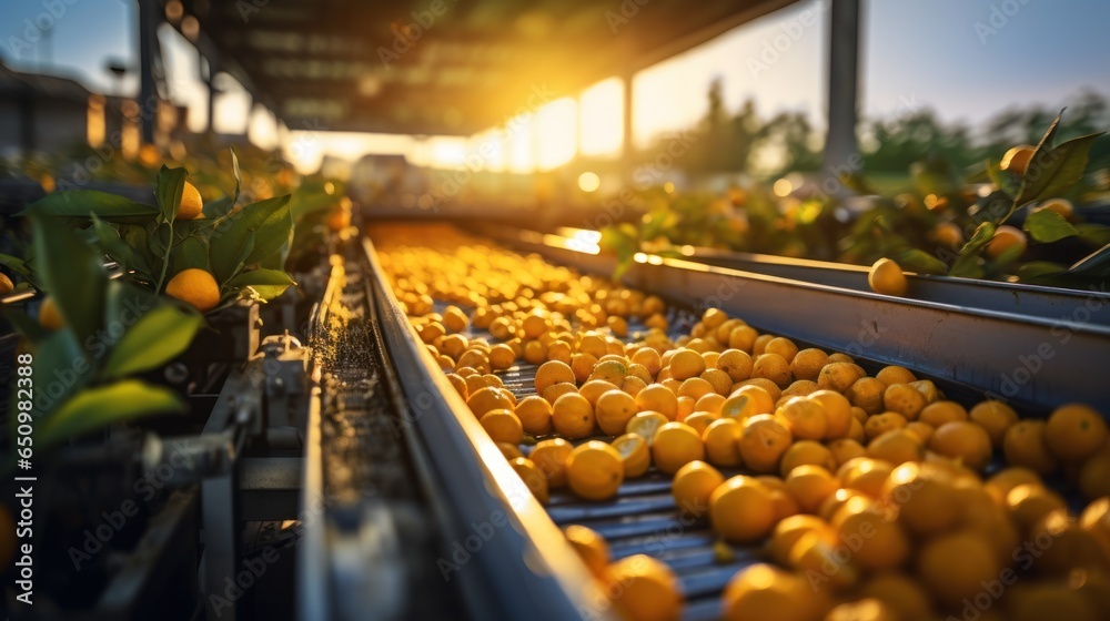 Work on the orange sorting line in an agricultural processing factory. holding a pile of ripe mandarin oranges - obrazy, fototapety, plakaty 