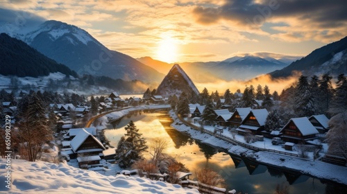 Shirakawa-go village on a snowy day, Shirakawa go's famous gassho-steep zukuri houses, hillside village viewpoint in snowy winter, wide-angle lens sunset at Honored by UNESCO