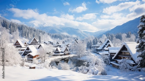 Shirakawa-go village on a snowy day  Shirakawa go s famous gassho-steep zukuri houses  hillside village viewpoint in snowy winter  wide-angle lens sunset at Honored by UNESCO