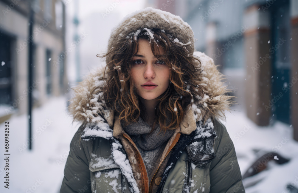 Young woman looking at camera while standing outdoors in winter Young woman looking at camera while standing outdoors in winter
