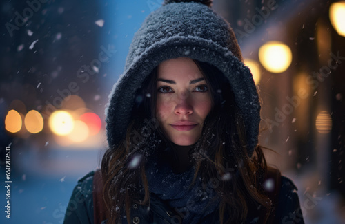 Young woman looking at camera while standing outdoors in winter