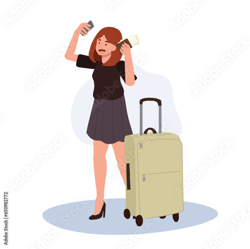 Travel Concept. Stylish Woman Taking Selfie with Carry On Luggage. Woman Traveling with Carry On Luggage
