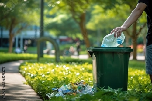 A person responsibly disposing of a plastic bottle in a trash can