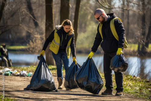 A man and a woman actively participating in a park clean-up initiative