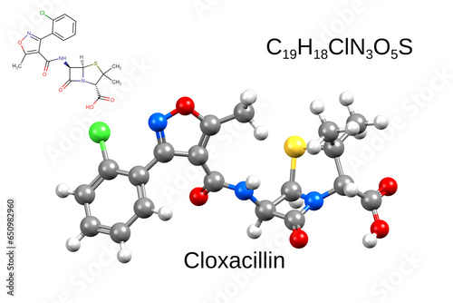 Chemical formula, structural formula and 3D ball-and-stick model of antibiotic cloxacillin photo