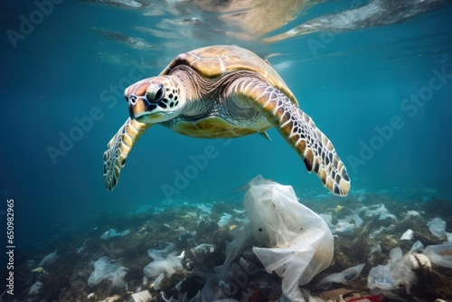 pollution world ocean, sea turtle swims, water polluted household garbage, plastic bags bottles, environmental disaster