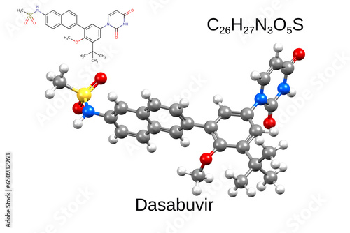 Chemical formula, skeletal formula and 3D ball-and-stick model of an antiviral drug dasabuvir photo