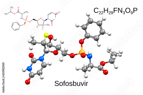 Fotografie Chemical formula, skeletal formula and 3D ball-and-stick model of an antiviral d