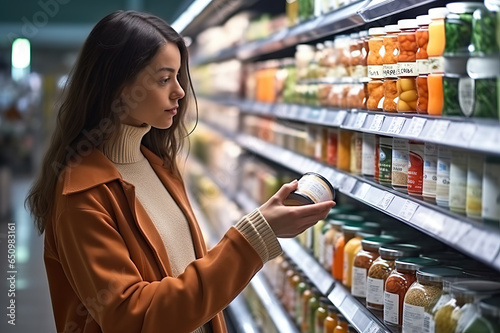 Informed Consumer Choices Woman Comparing Products for Nutrition, Price, and Ingredients in a Grocery Store. created with Generative AI