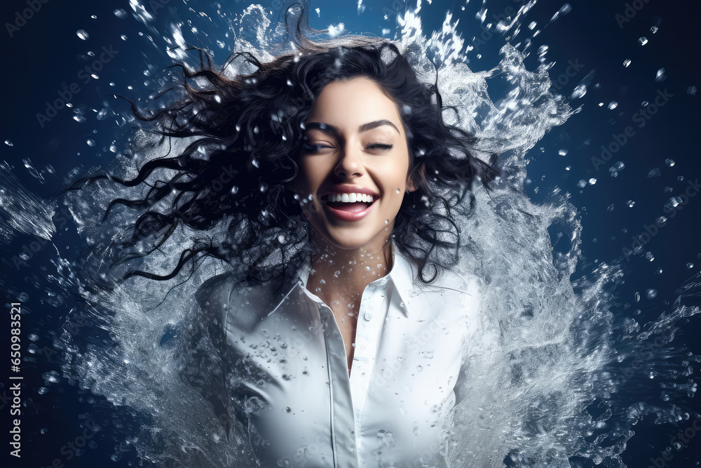 happy woman model with water splashes