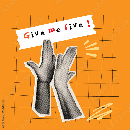 Elements with hands and cutout shape. Give me five. Halftone hands gesture in orange background. Retro template for banner, poster, card. Punk art vector illustration.