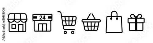 Shopping concept icon set. Black color outline icon on white background.