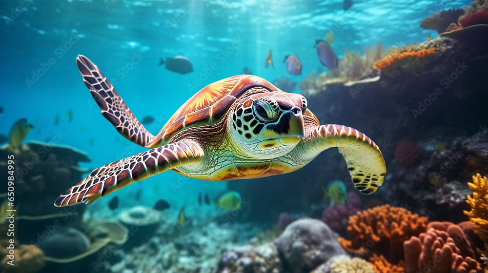 Obraz premium sea turtle coral leaf