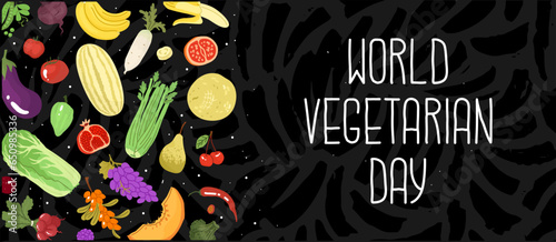 Banner concept for celebrating World Vegetarian Day. A holiday for people who give up meat. Autumn harvest. Isolated on white background vector illustration in flat style.