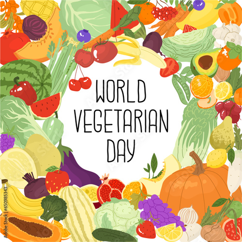 Banner concept for celebrating World Vegetarian Day. A holiday for people who give up meat. Autumn harvest. Isolated on white background vector illustration in flat style.