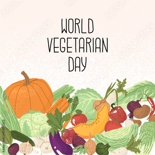 Banner concept for celebrating World Vegetarian Day. A holiday for people who give up meat. Autumn harvest. Isolated on white background vector illustration in flat style.