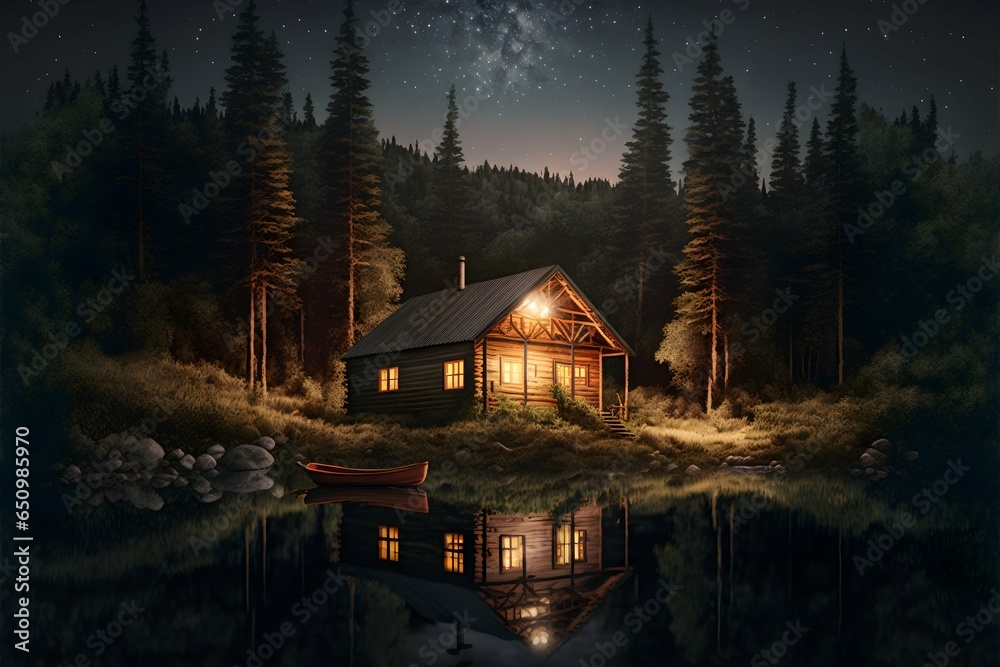 wooden cabin in the woods under a starry night cozy cabin with the lights turned on summer time lots of fir flies and trees near a lake Scene Nightography Depth Dark Lighting Starlight Shadows Field  - obrazy, fototapety, plakaty 