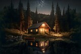 wooden cabin in the woods under a starry night cozy cabin with the lights turned on summer time lots of fir flies and trees near a lake Scene Nightography Depth Dark Lighting Starlight Shadows Field 