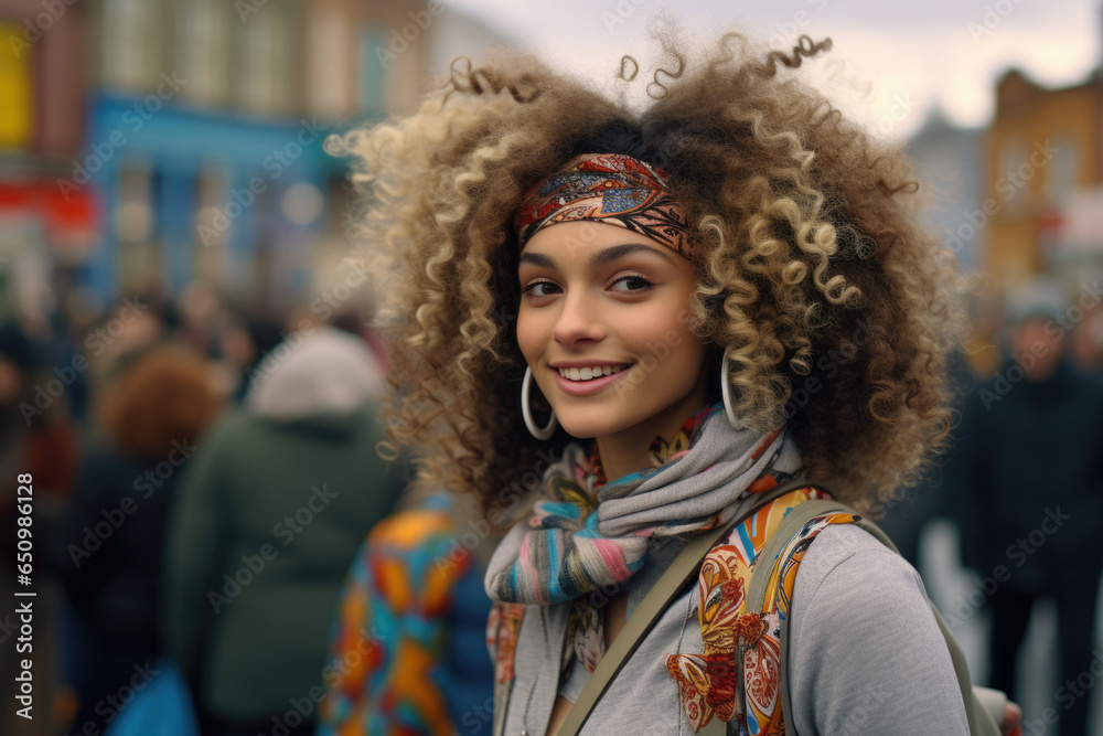 Woman with curly hair wearing scarf and headscarf. This versatile image can be used in various contexts. Woman with curly hair wearing scarf and headscarf. This versatile image can be used in various contexts.