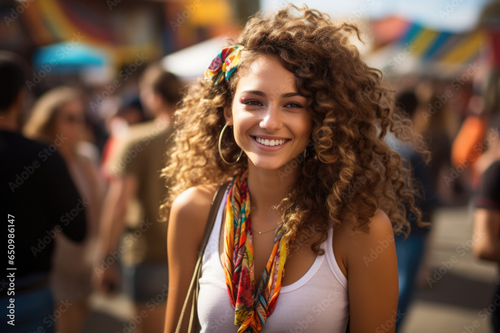 Woman with curly hair is wearing vibrant and stylish scarf. This versatile image can be used to add pop of color and fashion to various projects.