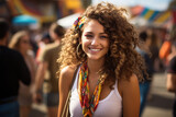 Woman with curly hair is wearing vibrant and stylish scarf. This versatile image can be used to add pop of color and fashion to various projects.