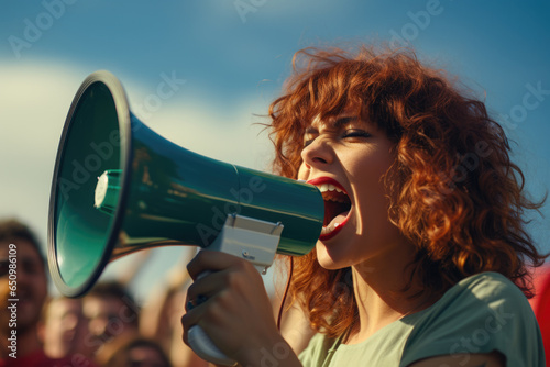 Woman passionately shouting into green megaphone. This image can be used to depict activism, protests, or public speaking engagements.