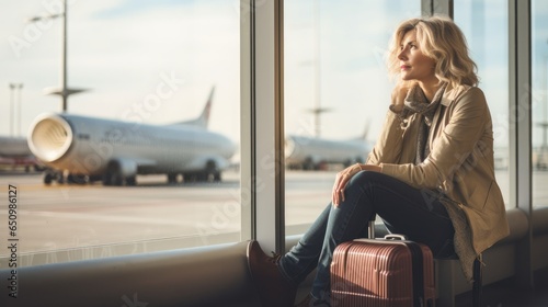 Mature blonde woman at the airport, gracefully settled in the lounge with her luggage, patiently awaiting her boarding call. With her plane ticket in hand, she looks forward to her next adventure.