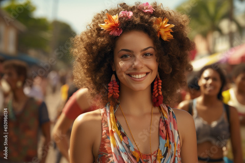 Woman is pictured with flower in her hair. This image can be used to represent beauty, nature, femininity, or bohemian style.