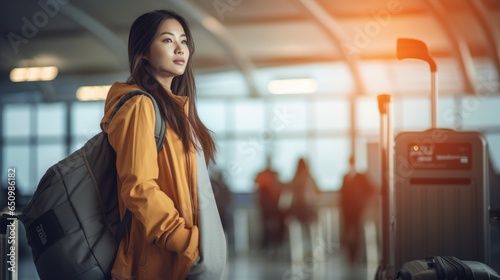 Young Asian woman at the airport, poised in the lounge with her luggage, anticipating her boarding call. Holding her plane ticket, she's filled with excitement for her upcoming journey.