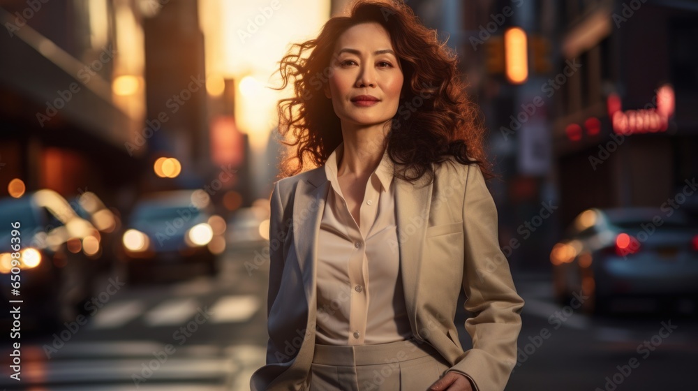 Elegant mature Asian woman confidently walks in the city, attire and demeanor exuding seasoned wisdom and grace. Generative AI.