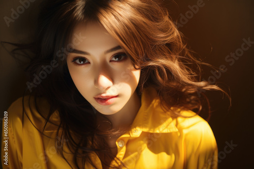 Woman wearing yellow shirt strikes pose for photograph. This image can be used for various purposes.