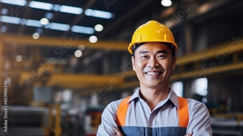 Smiling Asian professional heavy industry worker in protective uniform and hard hat. Expansive industrial plant backdrop.