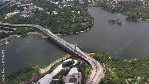 Aerial footage of connecting Jubilee Hills and Madhapur Durgam Cheruvu Cable Bridge this project features the world’s longest extradosed concrete deck bridge with a 234 m main span. photo
