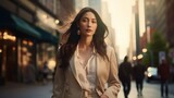 Portrait of a confident smiling young Asian businesswoman in a trendy suit walking on a city street towards her company office. Blurry crowded street background. Generative AI.