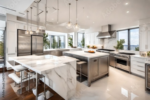 A sleek and spacious kitchen with marble countertops and state-of-the-art stainless steel appliances. © AQ Arts