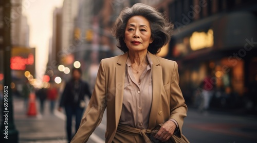 Portrait of a graceful smiling elder Asian woman in a traditional yet elegant attire, strolling on a city street, embodying decades of cultural wisdom and business. Blurry crowded street background.AI