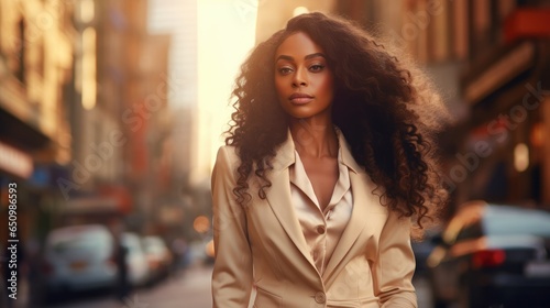 Portrait of a confident smiling black mature American businesswoman in an elegant suit walking on a city street towards her company office. Blurry crowded street background. Generative AI.