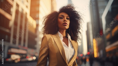 Portrait of a confident smiling black mature American businesswoman in an elegant suit walking on a city street towards her company office. Blurry crowded street background. Generative AI.