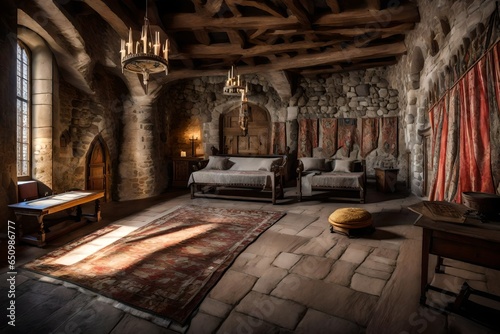 A medieval castle chamber with stone walls and tapestries.