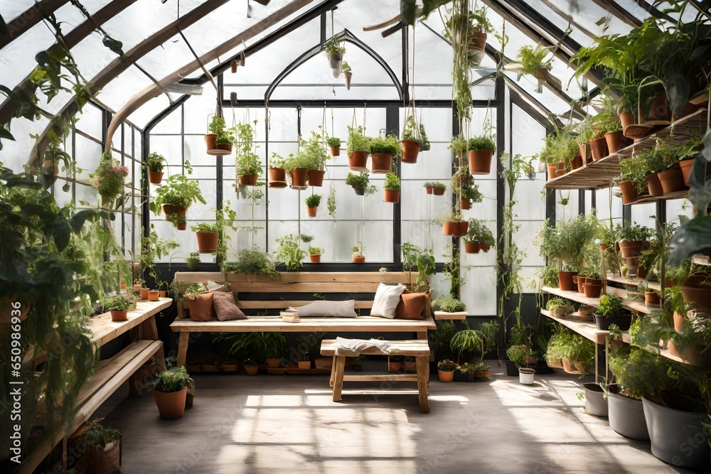 A greenhouse with hanging plants and a wooden bench for relaxation. A greenhouse with hanging plants and a wooden bench for relaxation.