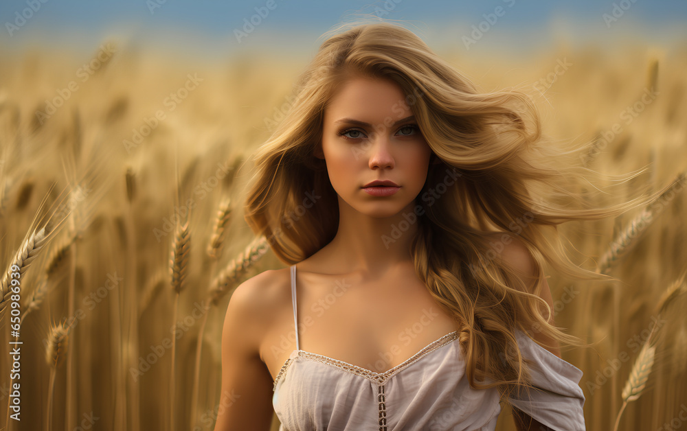 Blonde woman in wheat field in the sunset Blonde woman in wheat field in the sunset