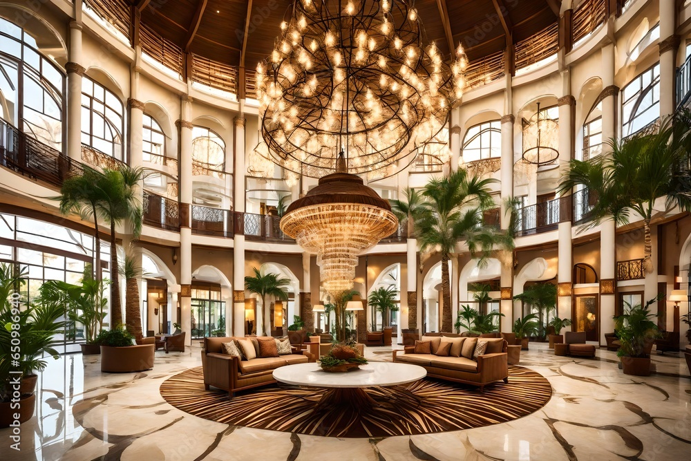 A tropical resort lobby with palm trees and a grand chandelier. A tropical resort lobby with palm trees and a grand chandelier.