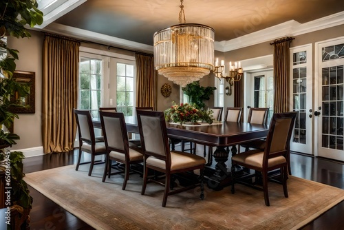 Paint a picture of the formal dining room with a stunning dining table and chandelier.
