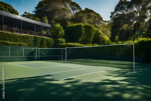 Describe the private tennis court or sports facilities on the property. © AQ Arts