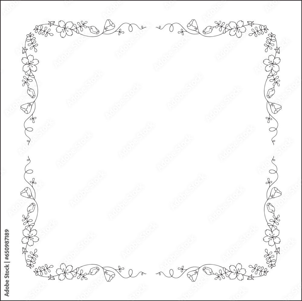Black and white vegetal ornamental frame with baby blue eyes flowers, decorative border, corners for greeting cards, banners, business cards, invitations, menus. Isolated vector illustration.