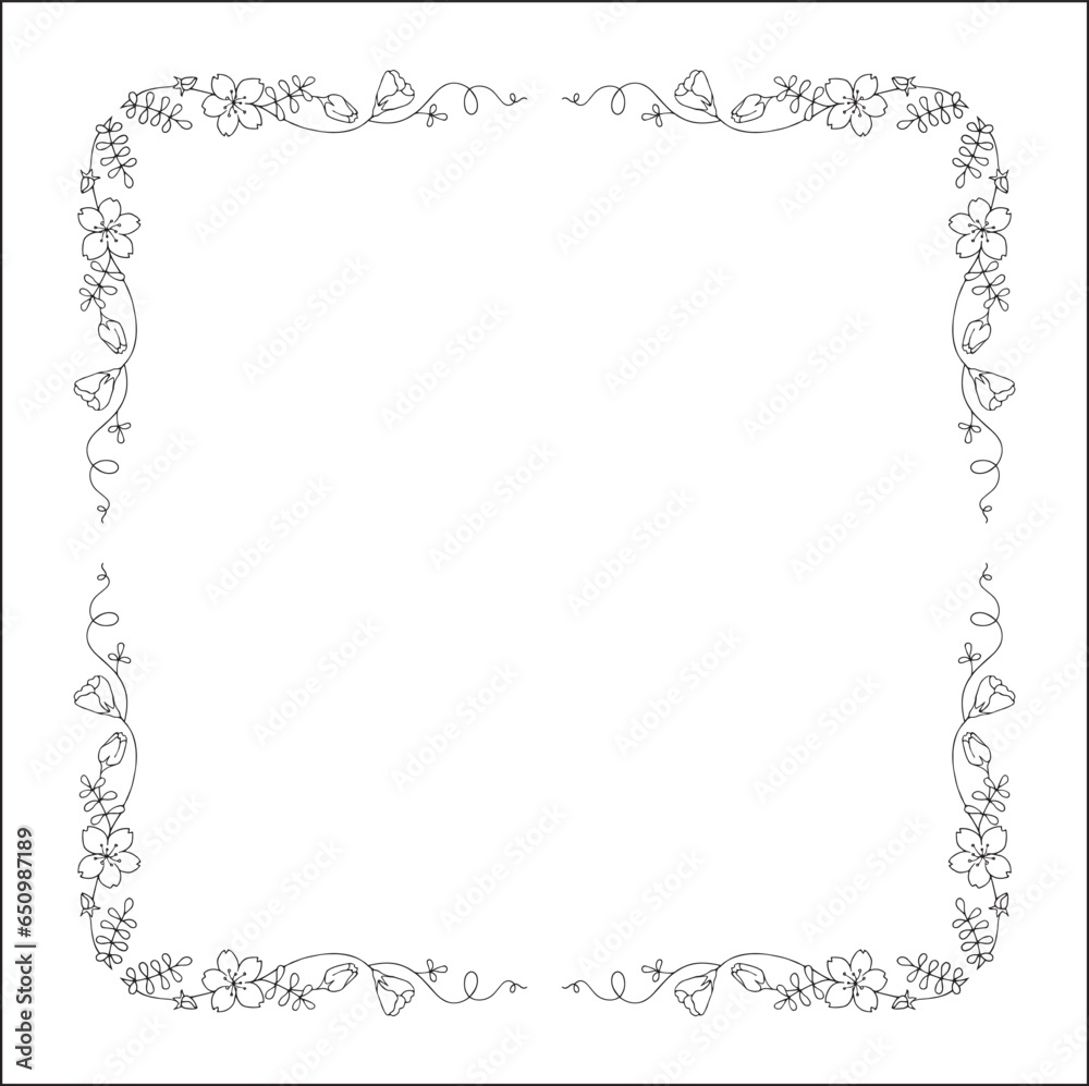 Black and white vegetal ornamental frame with baby blue eyes flowers, decorative border, corners for greeting cards, banners, business cards, invitations, menus. Isolated vector illustration. Black and white vegetal ornamental frame with baby blue eyes flowers, decorative border, corners for greeting cards, banners, business cards, invitations, menus. Isolated vector illustration.