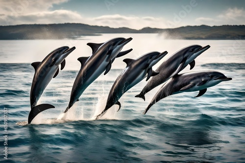 A pod of dolphins leaping gracefully out of the water in unison.