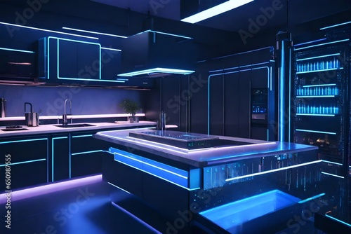 A futuristic kitchen with a holographic countertop, touchless appliances, and a robot chef.