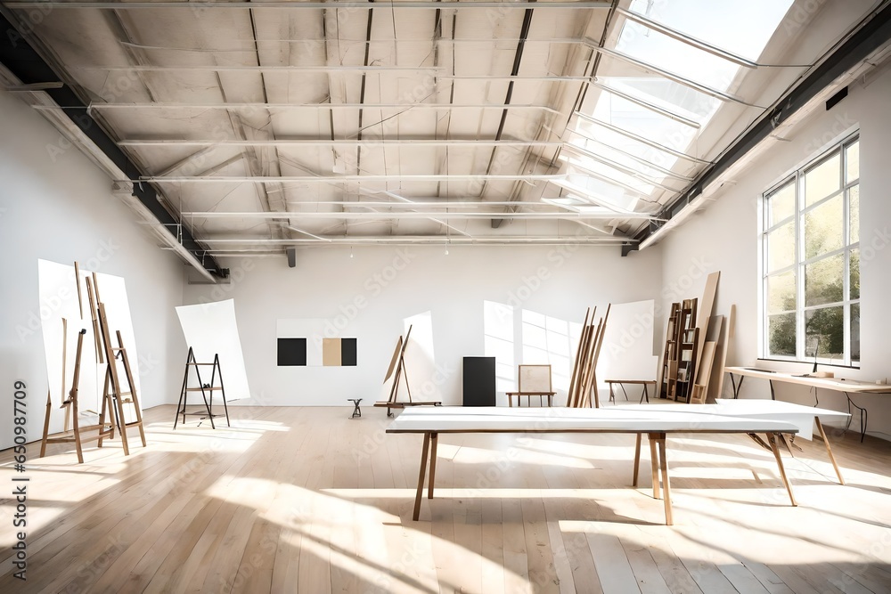 A modern art studio with large canvases, natural light, and a minimalist design.